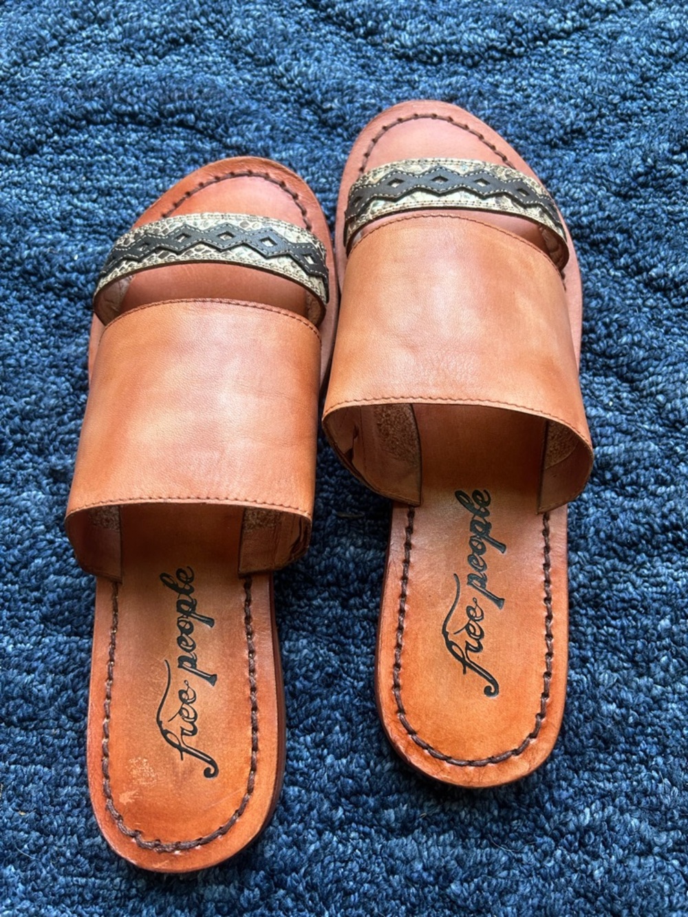 Free People Cognac Leather Slide Mules sandals with Embroidered Strap Size 8 - Picture 2 of 6